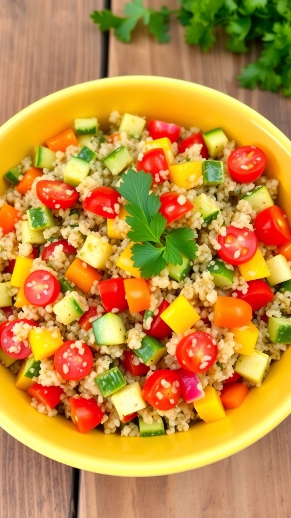 A colorful quinoa salad with cherry tomatoes, cucumbers, bell peppers, and parsley in a bowl on a wooden table.